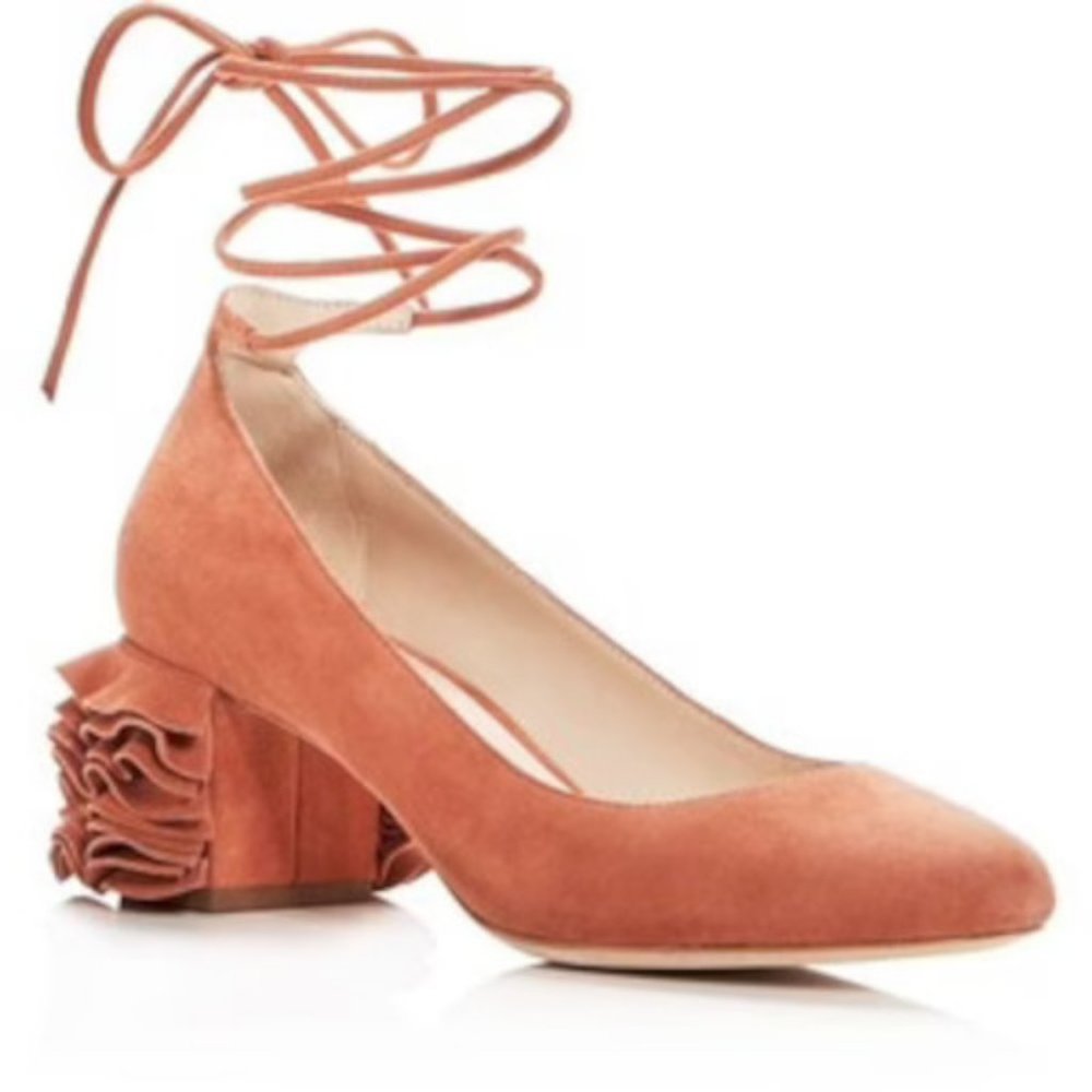 NWT Loeffler Randall pink suede leather ruffled block heel Clea pump
